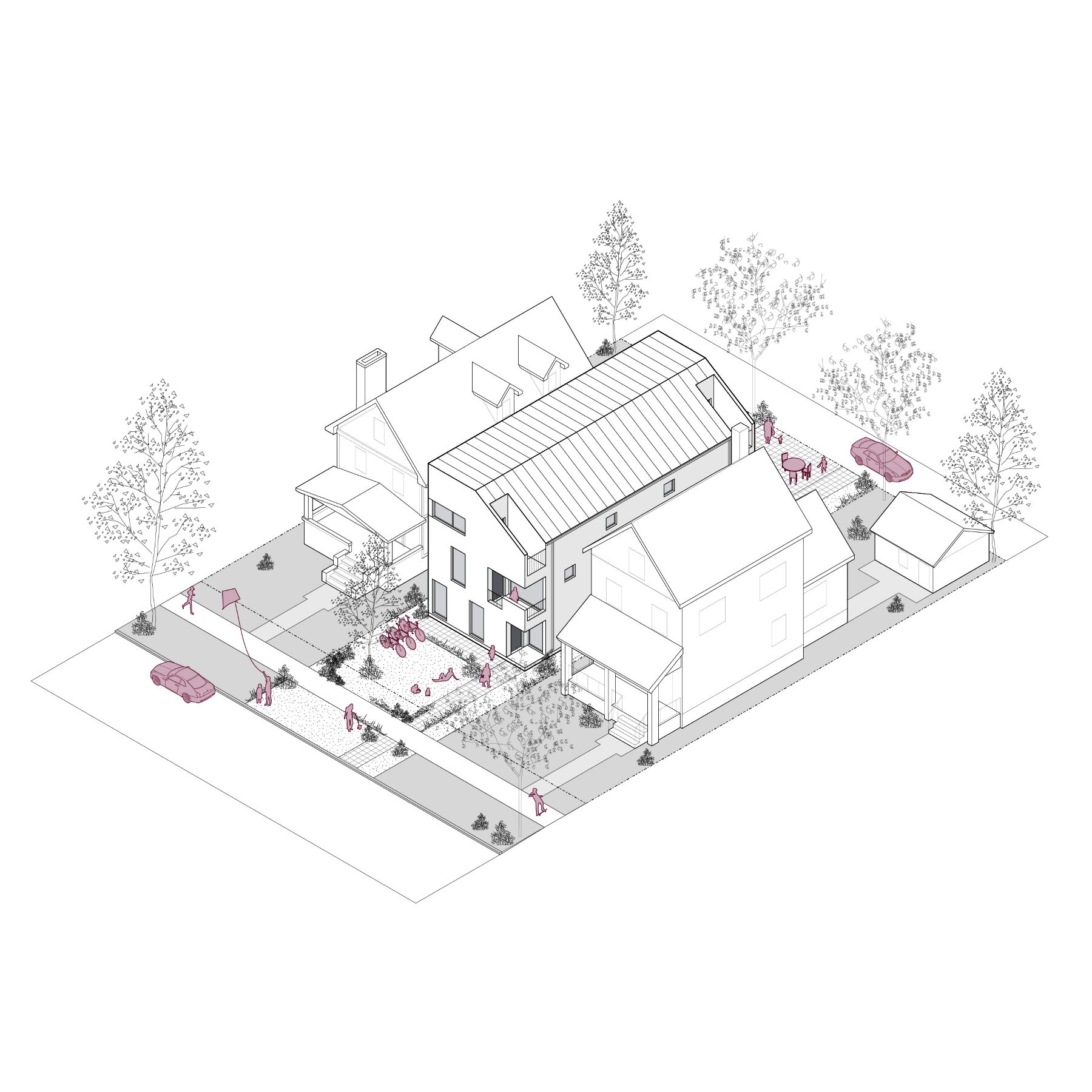 A 3D line rendering of a structure measuring 333 square meters (3,580 square feet). The three-storey building is shown with its four individual units, each featuring separate entrances. The rendering highlights the structure's suburban integration, surrounded by homes, driveways, and landscaping.